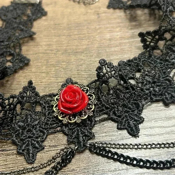 Gothic Style Lace with Metal Chains and Gold Red Rose Accents Chocker Necklace - Picture 2 of 2